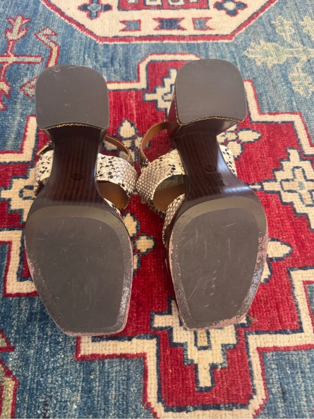Tory Burch Snake-Print Leather Slingback Sandals — Brown/White/Black